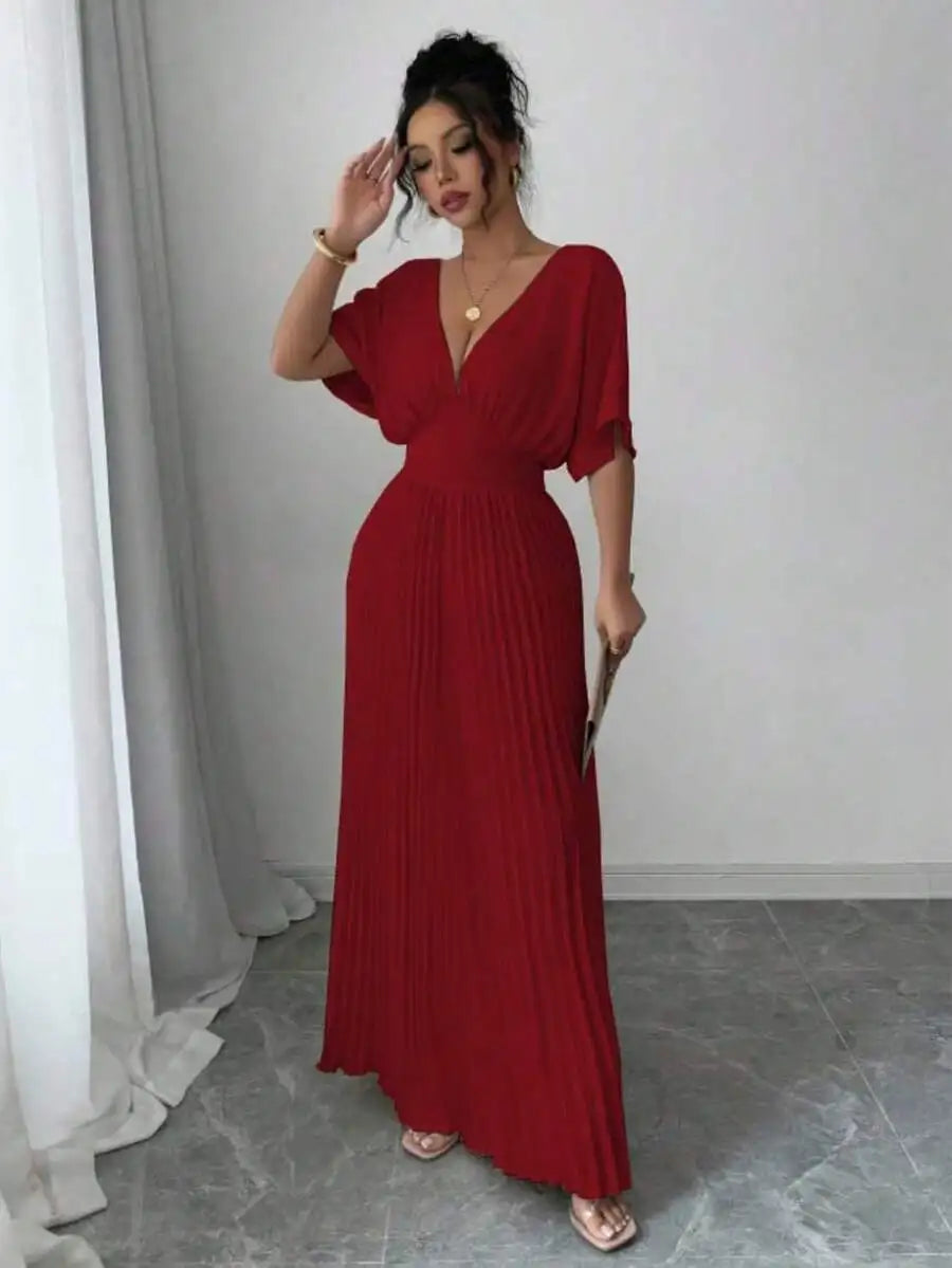 Deep V Neck Pleated Elegant Floor Length Dress For Women Summer