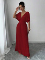 Deep V Neck Pleated Elegant Floor Length Dress For Women Summer