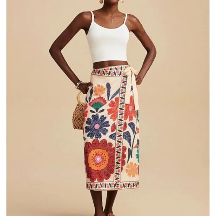 Womens Floral Wrap Midi Skirt Summer Adjustable Tie Side Casual High Waist A Line Beach Boho Long Fla Skirts