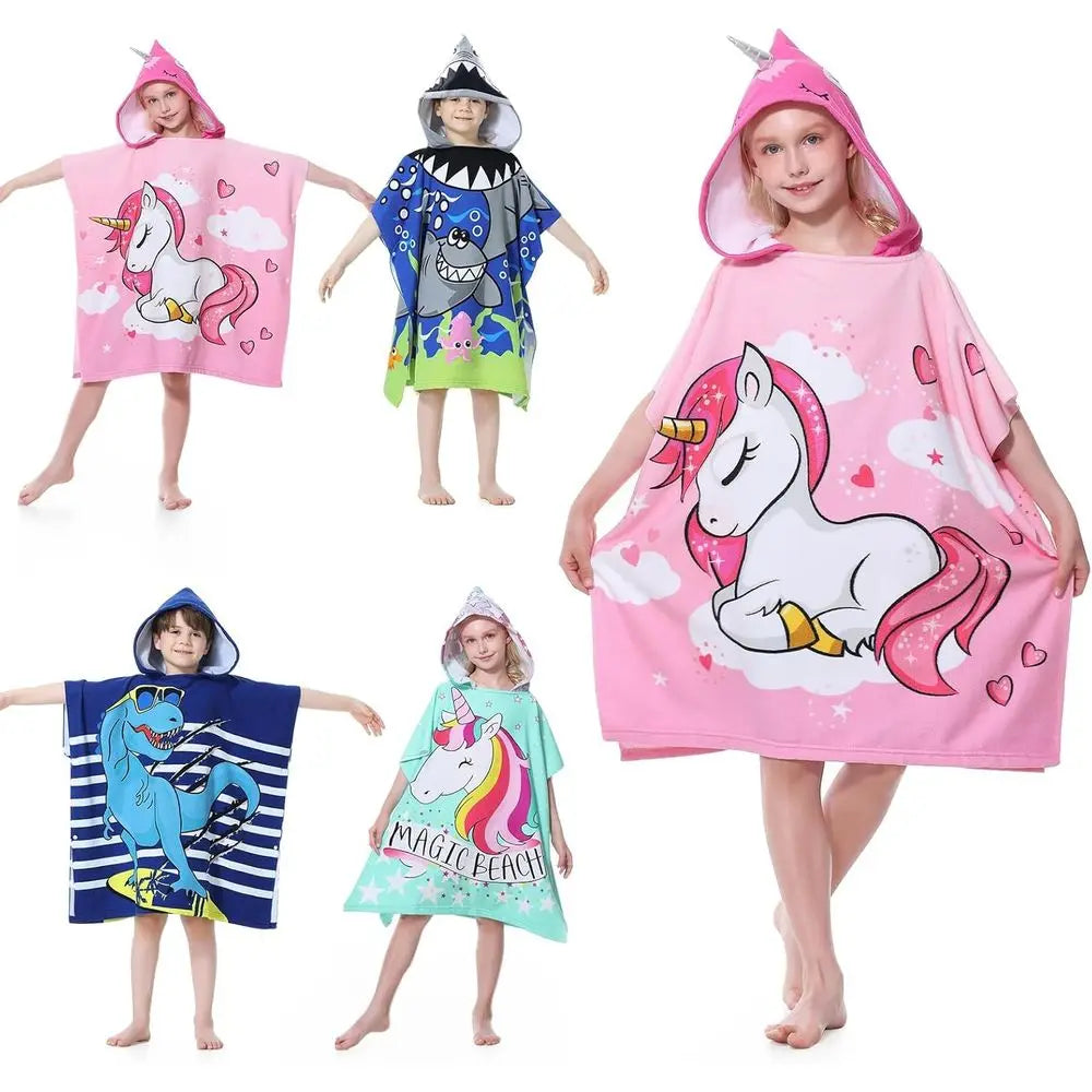 Children's Hooded Microfiber Poncho Towels, Quick-Drying Beach Cover-ups, Bathrobes for Pool and Bath