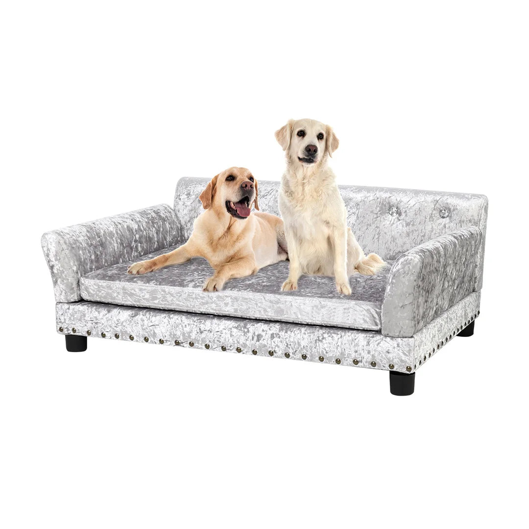 Deluxe Silver Dutch Velvet Dog Couch Bed Sofa with Removable Cushion for Medium to Large Dogs Comfortable Upholstered Pet Sofa