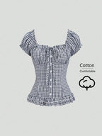 Womens Summer Solid White Ruffle Short Sleeve Blouse