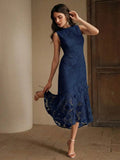 Womens Elegant Round Neck Lace Hollow-Out Patchwork Midi Dress Spring Summer