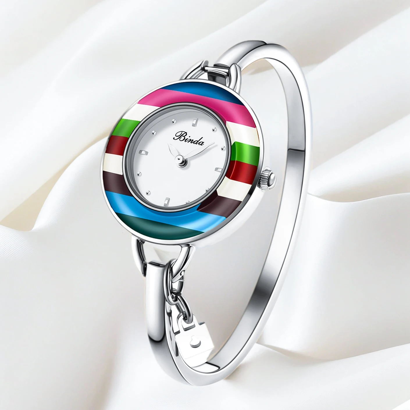 Binda Women’s Elegant Waterproof Quartz Watch – Rainbow Gold Stainless Steel Bracelet, Round Delicate Dial