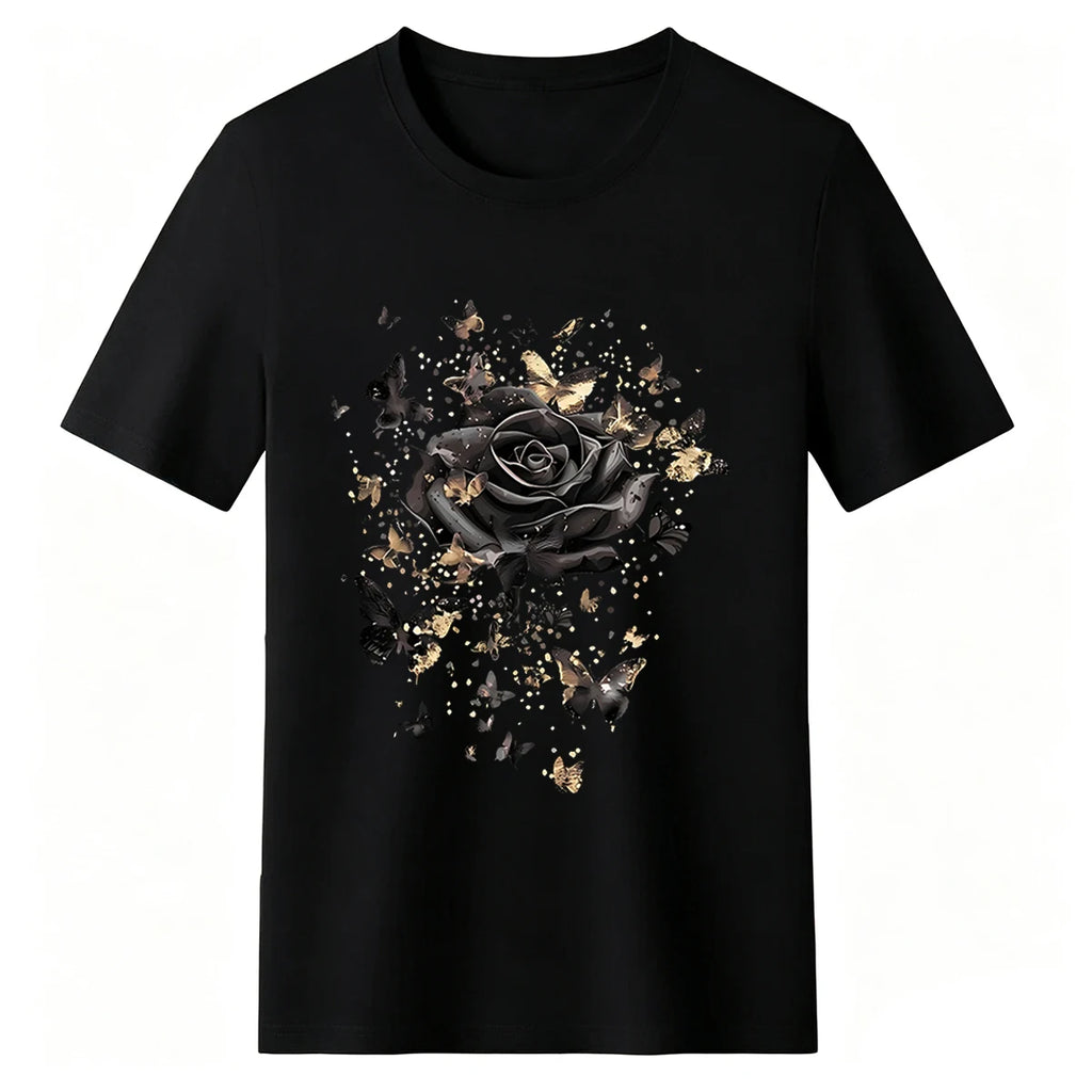 Women's Plus-Size Black T-Shirt with Rose Gold Glitter Butterfly Design — 100% cotton, oversized fit, crew neck, short sleeves; perfect for fans of gothic floral aesthetics and ideal for casual street style.