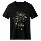 Women's Plus-Size Black T-Shirt with Rose Gold Glitter Butterfly Design — 100% cotton, oversized fit, crew neck, short sleeves; perfect for fans of gothic floral aesthetics and ideal for casual street style.