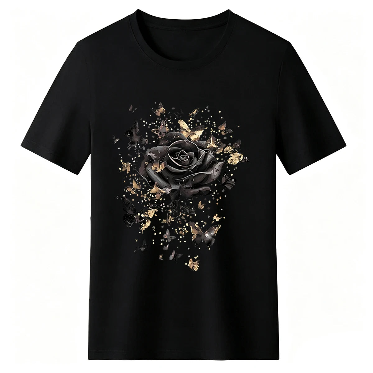 Women's Plus-Size Black T-Shirt with Rose Gold Glitter Butterfly Design — 100% cotton, oversized fit, crew neck, short sleeves; perfect for fans of gothic floral aesthetics and ideal for casual street style.