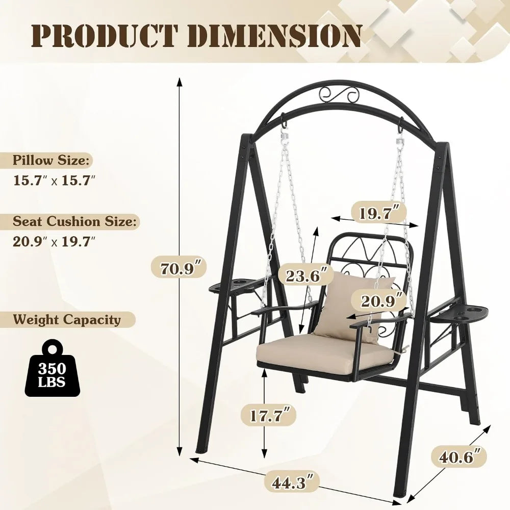 Porch Swing with Stand for Adults - Heavy-Duty Metal, Cushioned, Cup Holders, Adjustable, Easy Assembly