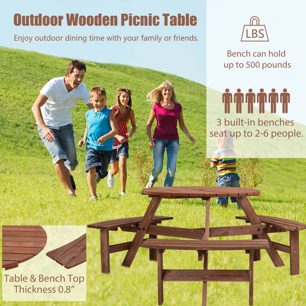 Solid Wood Round Outdoor Picnic Table with 3 Curved Benches, Weatherproof Wooden,Outdoor Patio Dining Furniture with Umbrella HoleWeather Resistant Patio Dining Furniture Set for Garden Backyard Deck