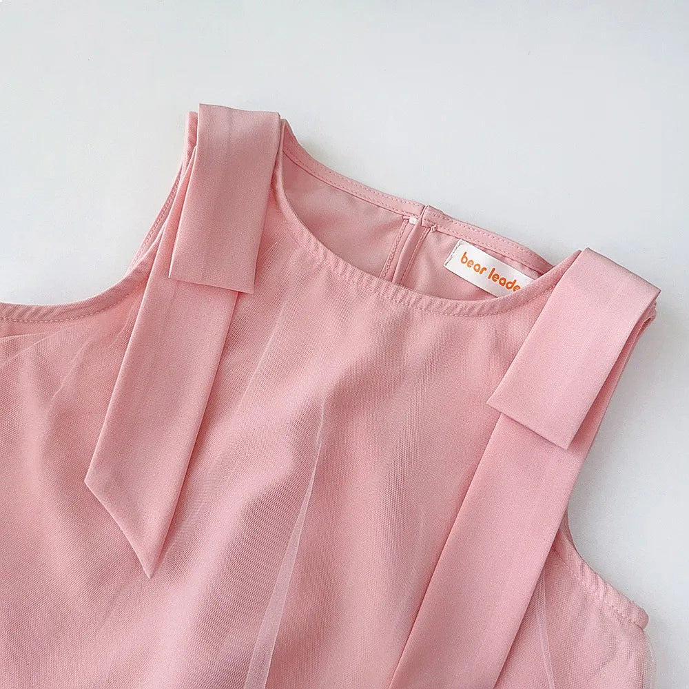 Bear Leader 2025 Korean Bow Sleeveless Mesh Princess Dress Baby Girl Wedding Party Birthday Easter Summer