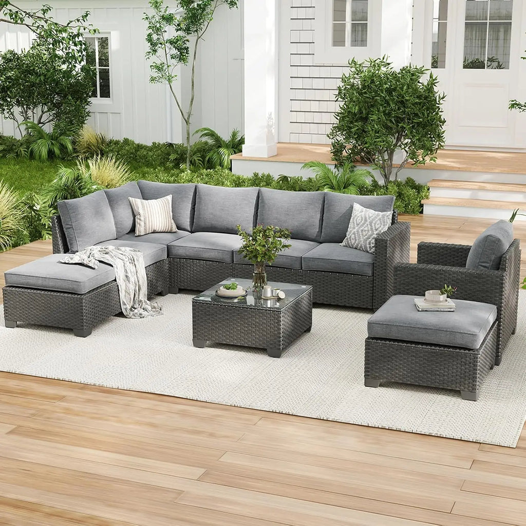Farini Patio Sectional Sofa Set, Outdoor Furniture with Ottoman, Water/Oil/Stain-Resistant Fabric, Dark Gray Cushion + Gray Wick