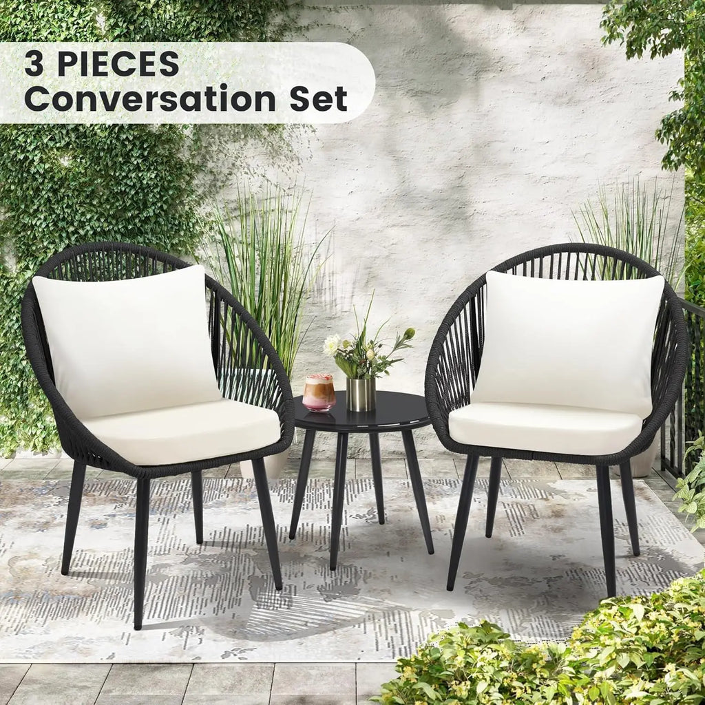 3 Pieces Bistro Set, Woven Rope Chair with Cushions, All Weather Patio Conversation Set and Side Table, Ideal for, Customized