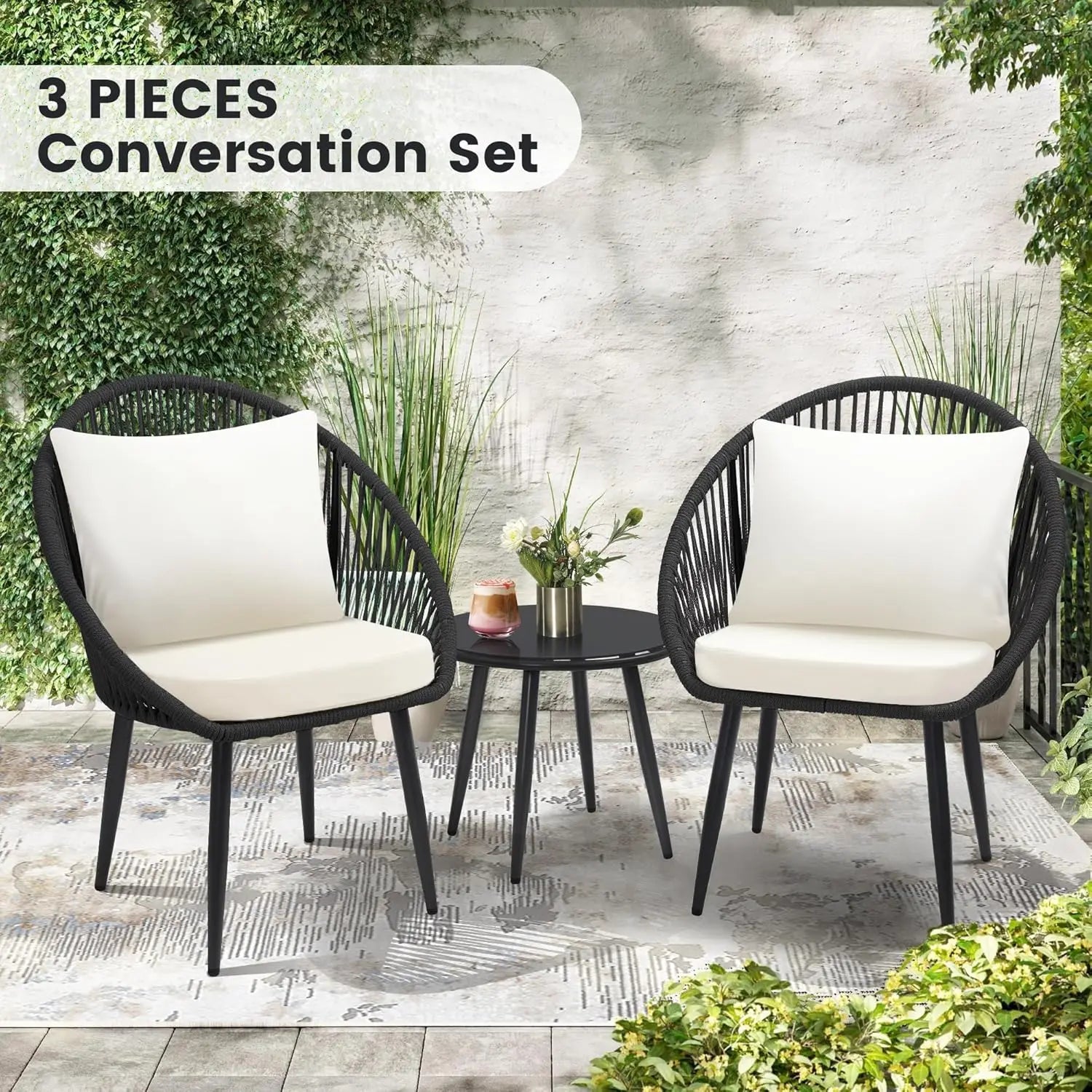 3 Pieces Bistro Set, Woven Rope Chair with Cushions, All Weather Patio Conversation Set and Side Table, Ideal for, Customized