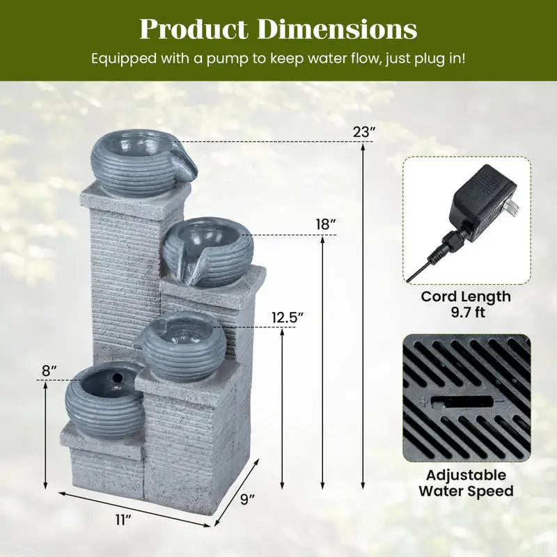 4-Tier Outdoor Water Fountain Cascading Bowl Waterfall Fountain with LED Lights