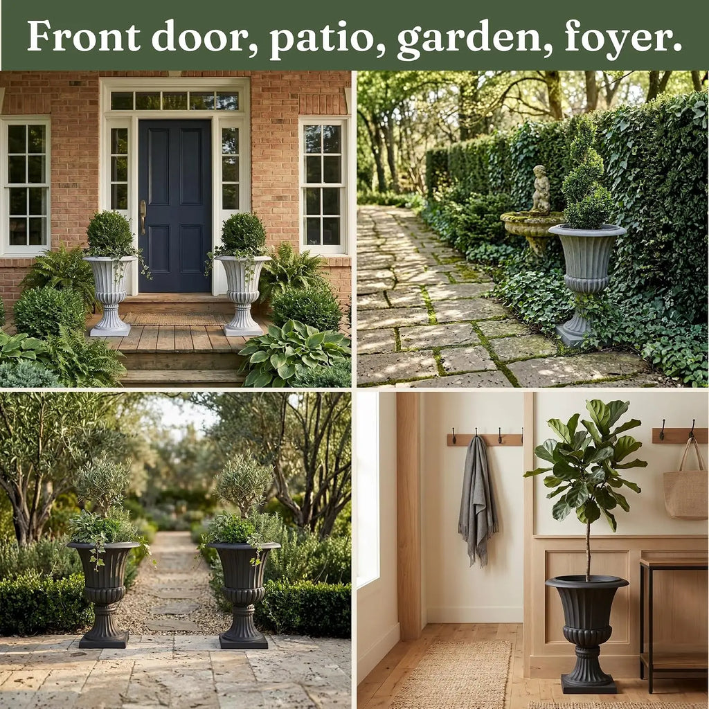 Tall Pedestal Planters Set Stone Resin Outdoor Garden Urns Front Porch Entryway Deck Patio Plant Pots Flower Container Stand Decor White 2 Pack