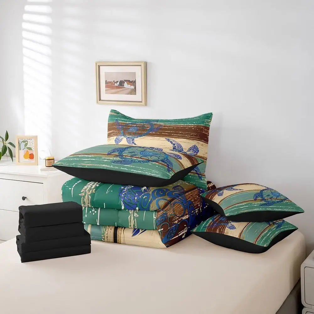 7-Piece Sea Turtle Bedding Set in Vintage Geometric Stripe, Ocean-Themed Queen Comforter