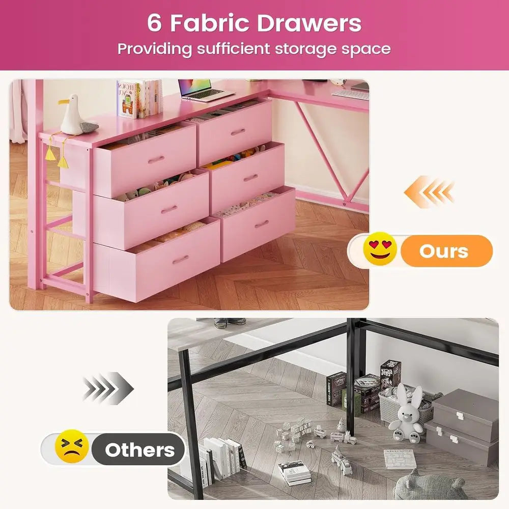 Full-Size Loft Bed with Desk, Storage Stairs, Metal Frame, Hall Tree, LED Lights, Power Outlet for Kids, Teens, Adults in Pink