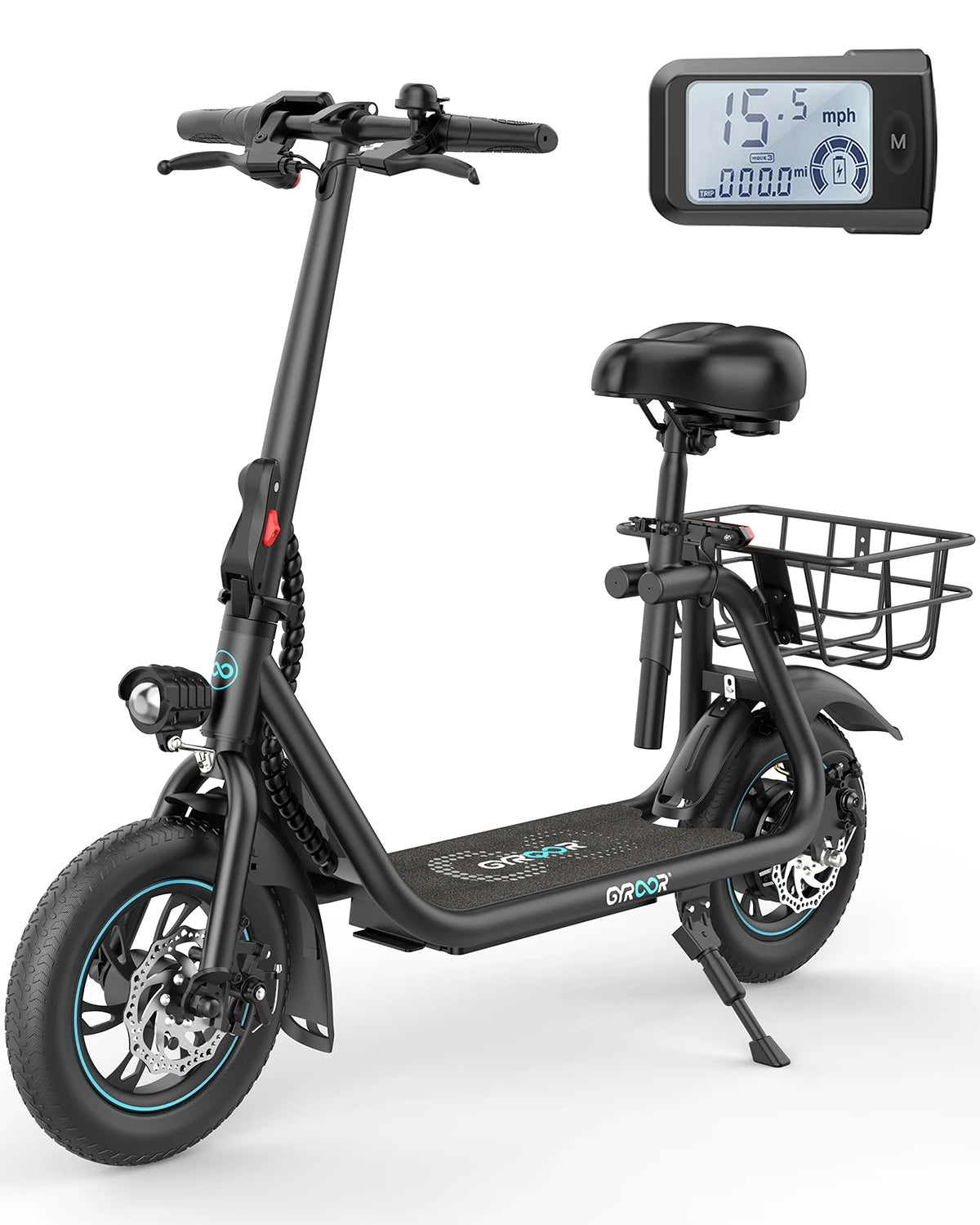 Gyroor Adult Electric Scooter with Seat – 450W Motor, 15-Mile Range, 16 MPH, 12" Tires, Rear Basket, UL2272 Certified, Adjustable Seat for Commuting & Errands