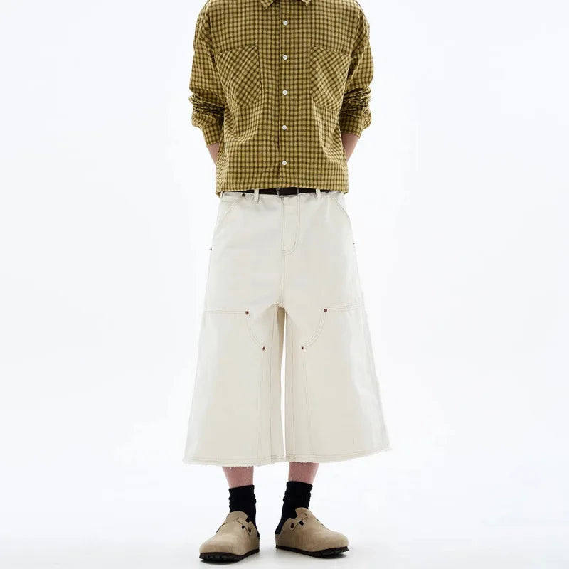 Men's White Baggy Wide Leg Carpenter Denim Jorts Frayed Raw Hem Y2K Street Style Casual Daily Going Out Loose Fit Streetwear Shorts