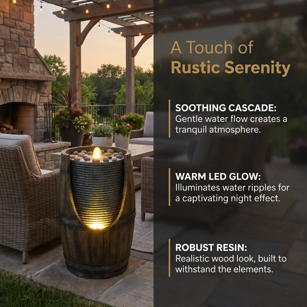 Outdoor Water Fountain with Bird Waterer, Rustic Barrel Garden Fountain with LED Lights and Pump, Faux Wood Resin Water Feature for Patio Backyard Porch Yard