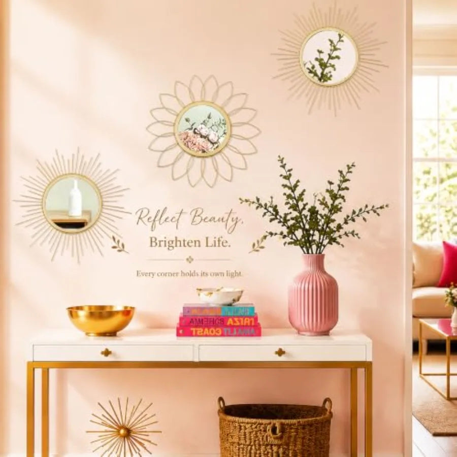 3 Pack Metal Mirrors for Wall Sunburst Wall Mirrors Home Décor Decorative Hanging Wall Art for Living Room Bedroom Entryway Gol