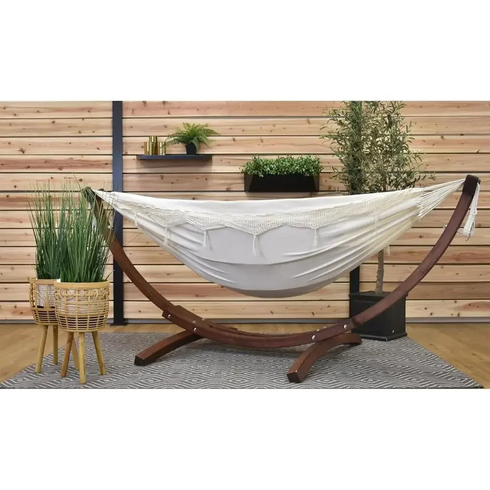 Durable Double Cotton Hammock with Pine Arc Stand - 450 lb Capacity, Complete with Hardware and Guide
