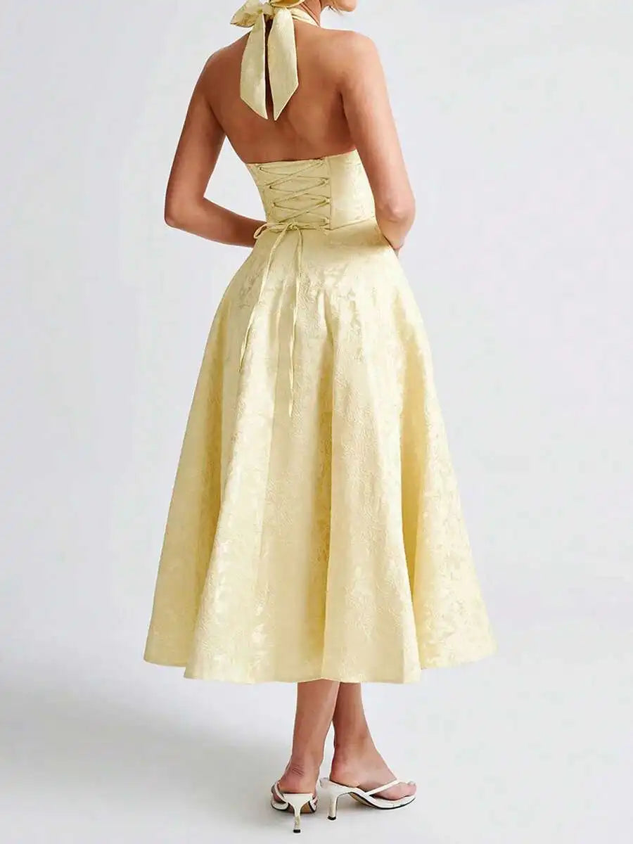 Women Jacquard Halter A-Line Tea-Length Dress For Evening Party