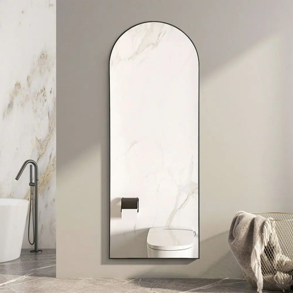 Black Aluminum Alloy Thin Frame Mirror, 64X21 Inch Arched Full Length Mirror with Stand for Bedroom and Living Room