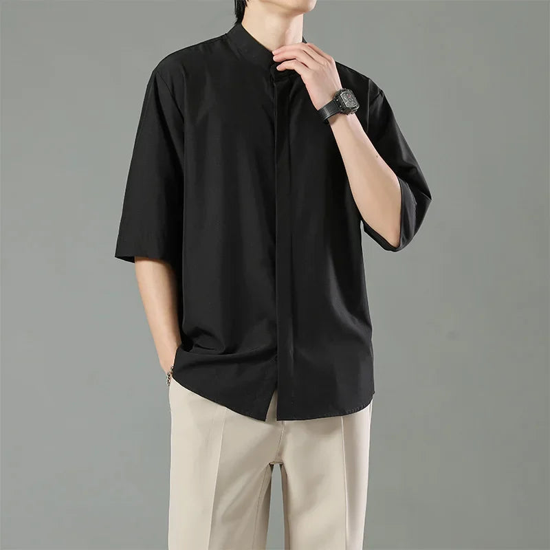 Japanese Stand Collar Non Iron Stretch Shirt Men Summer Loose Solid Short Sleeve Business Casual Daily Office Commute Wear Top Gift