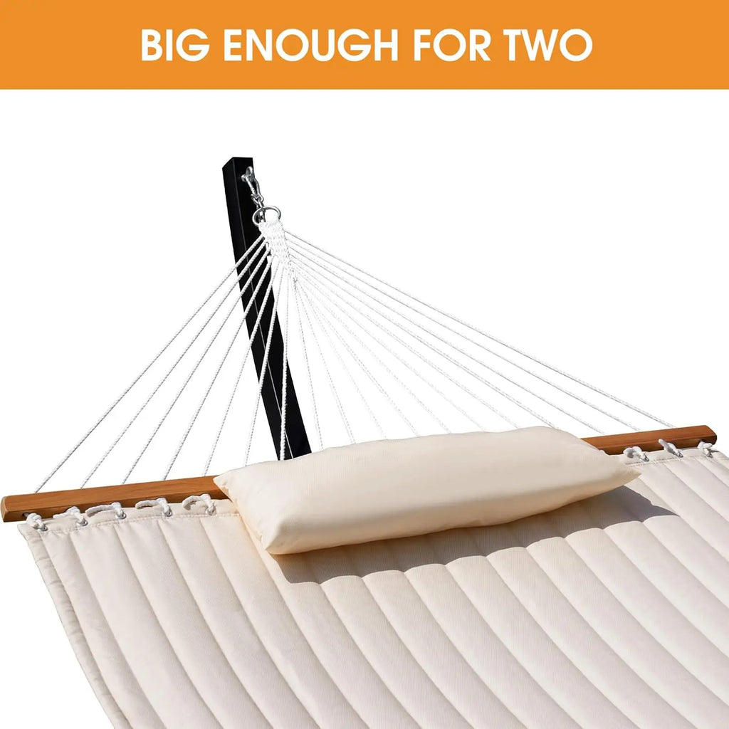 Outdoor, Backyard, Patio Use - Quilted Hammock in Cream, 450 Lbs Capacity with Stand and Pillow