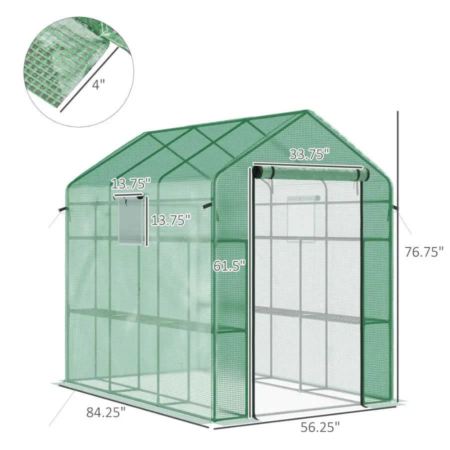 Outdoor walk-in greenhouse 7' x 5' x 6' with UV-protective green polyethylene cover, steel frame, mesh door and windows, includ