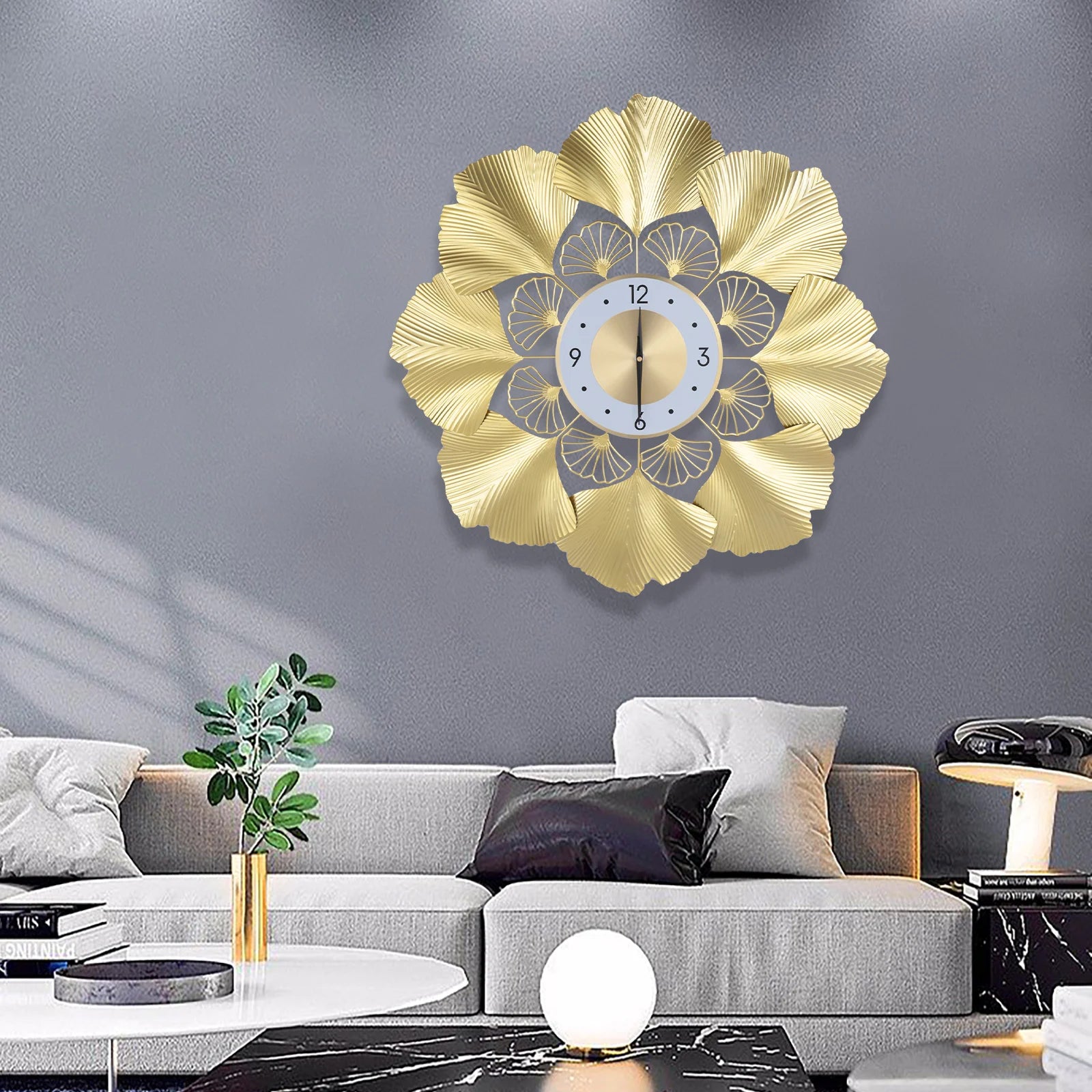Ginkgo Biloba Wall Clock 70cm Large Nordic Light Luxury Design, White Gold Iron Silent Non-Ticking Battery Operated Living Room
