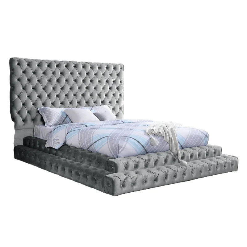 Gray King Size Platform Bed with Tufted Headboard, Modern Upholstered Frame, Contemporary Bedroom Furniture