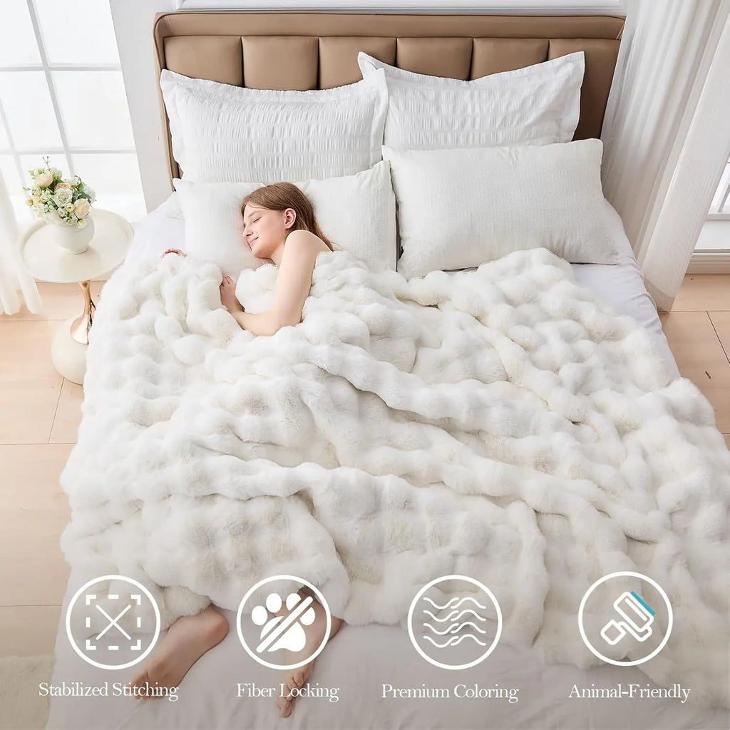 Faux Fur Throw Blanket for Couch, 1000 GSM Cozy Fuzzy Fluffy Soft Plush Thick Bubble Sherpa Blanket for Sofa Bedroom Living Room
