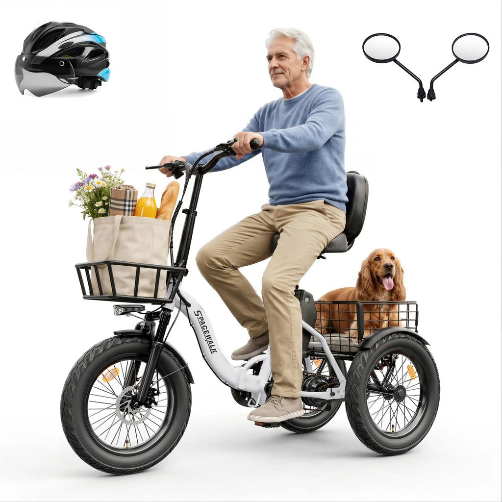 Spacewalk Electric Trike for Adults 1200W Peak Motor, 48V 15Ah Fat Tire 3 Wheel Electric Bike, 60 Miles Long Range Folding Cargo E Bike with Rear Basket, Adjustable Backrest Seat for Seniors-White