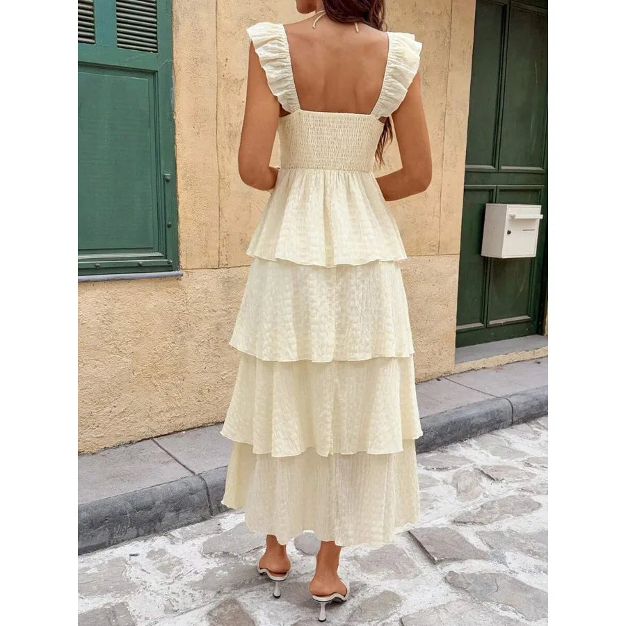 Women's French Elegant Cream White Summer Pleated Dress,Small Flying Sleeves Tropical Vacation Holiday Sundress,Tea Party Weddin