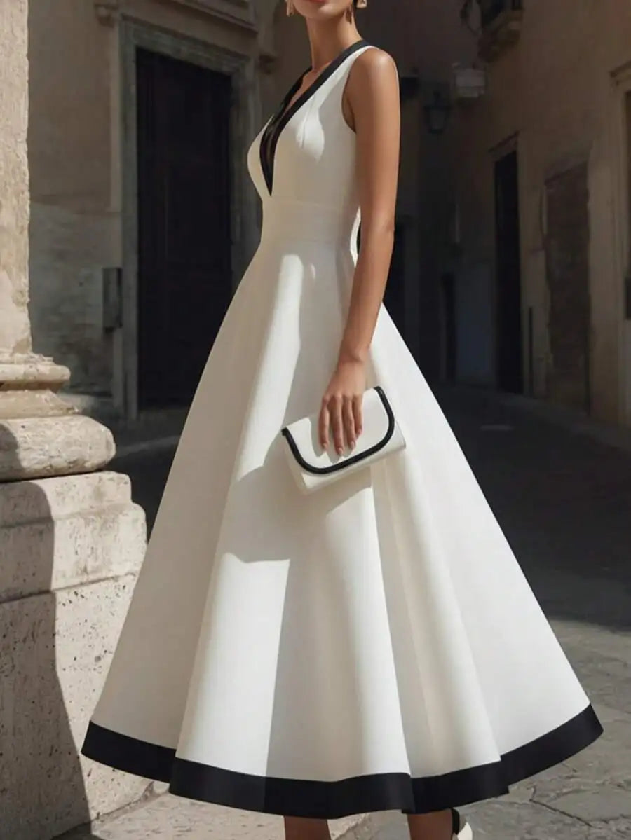 White Black Trim Sleeveless V-Neck A-Line Midi Dress For Women Elegant Simple Style