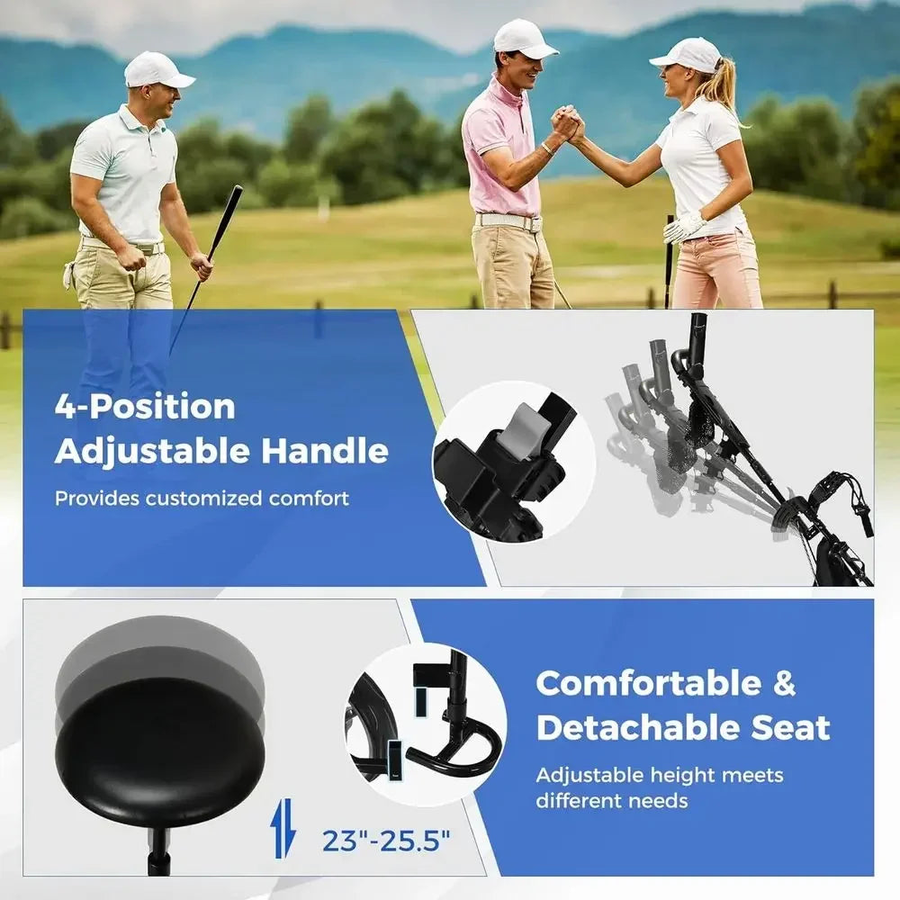 Portable 3-Wheel Golf Cart with Adjustable Seat, Trolley Bag, Scorecard, Umbrella, and Cup Holders, Storage, and Foot Brake