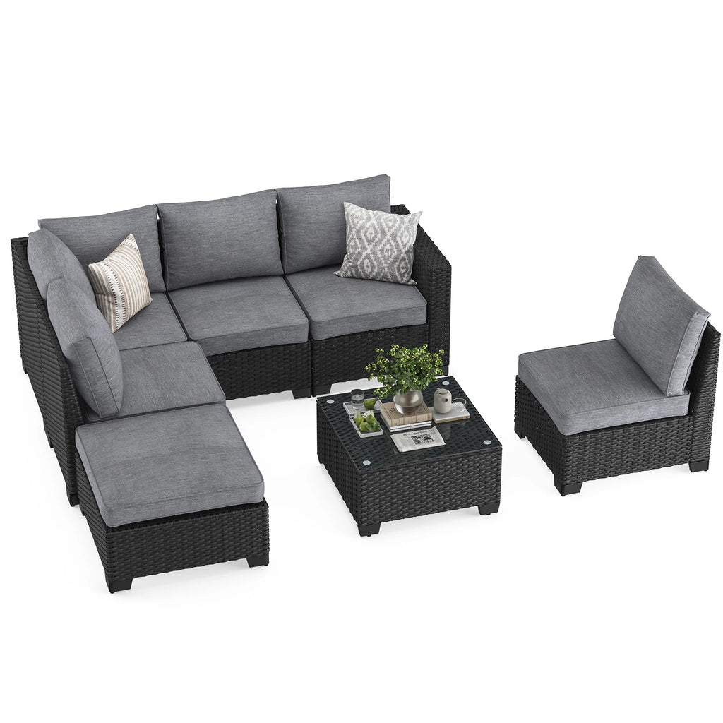 Farini Patio Sectional Sofa Set, Outdoor Furniture with Ottoman, Water/Oil/Stain-Resistant Fabric, Dark Gray Cushion + Gray Wick