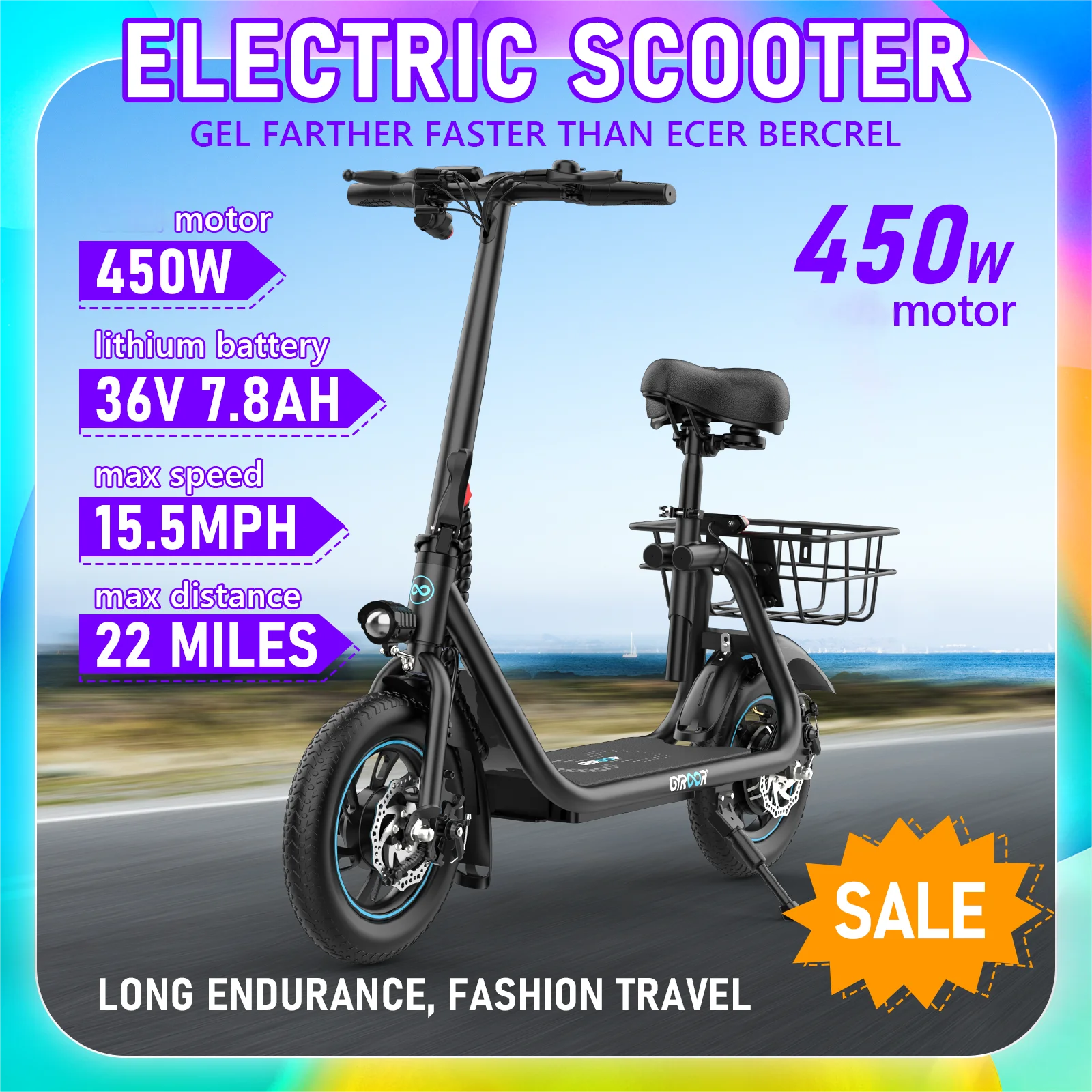 Gyroor Adult Electric Scooter with Seat – 450W Motor, 15-Mile Range, 16 MPH, 12" Tires, Rear Basket, UL2272 Certified, Adjustable Seat for Commuting & Errands