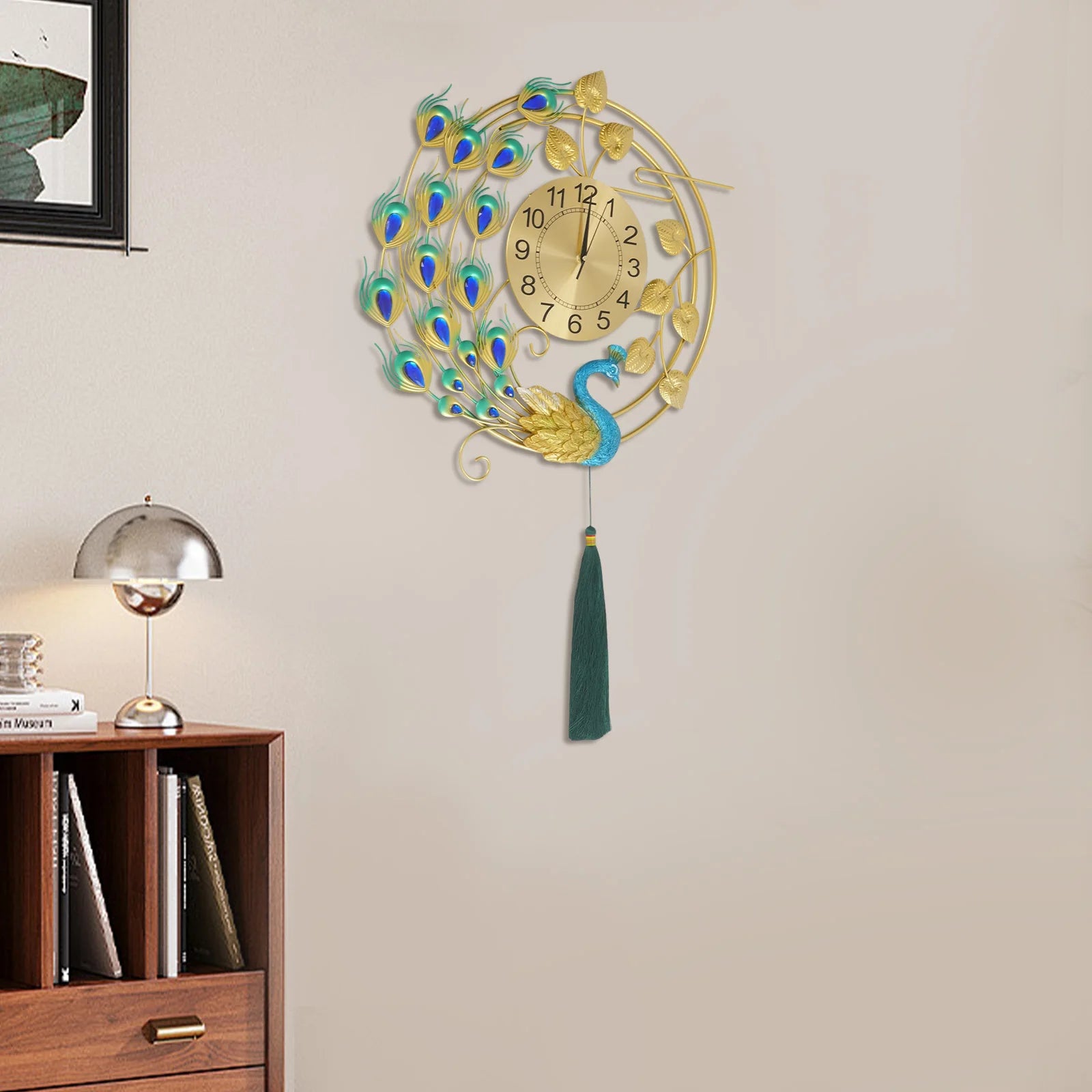 Luxury Large Peacock Wall Clock Silent Quartz Golden Blue Art Decor for Living Room Bedroom Office Unique Gift Home Kitchen Cafe Bar Resin Metal 58cm