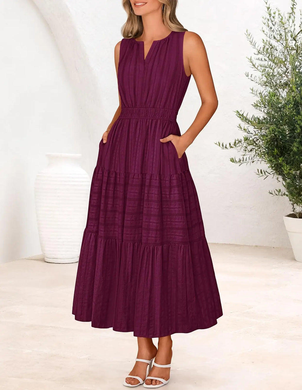 Womens Sleeveless V-Neck Boho Midi Maxi Dress With Pockets Casual Summer Beach Vacation Dress