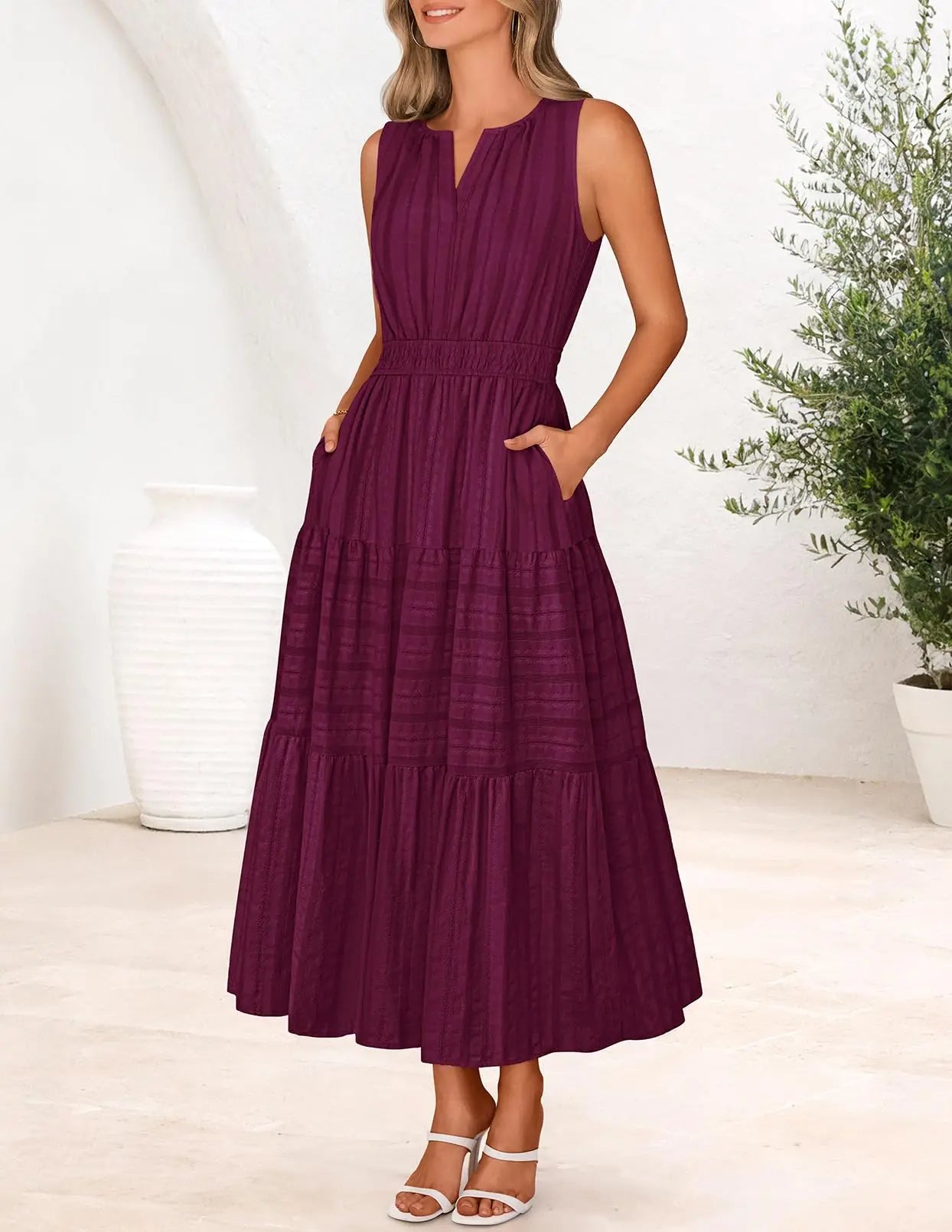 Womens Sleeveless V-Neck Boho Midi Maxi Dress With Pockets Casual Summer Beach Vacation Dress