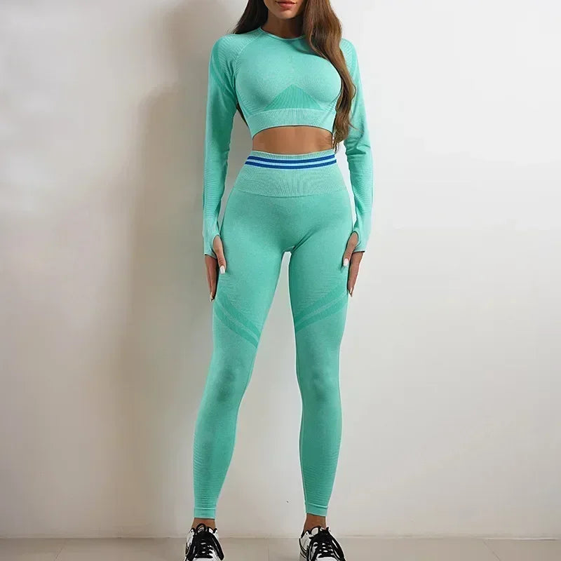 Seamless Yoga Sets Sports Fitness High Waist Hip Raise Pants Long-Sleeved Backless Suit Workout Clothes Gym Shorts Set for Women