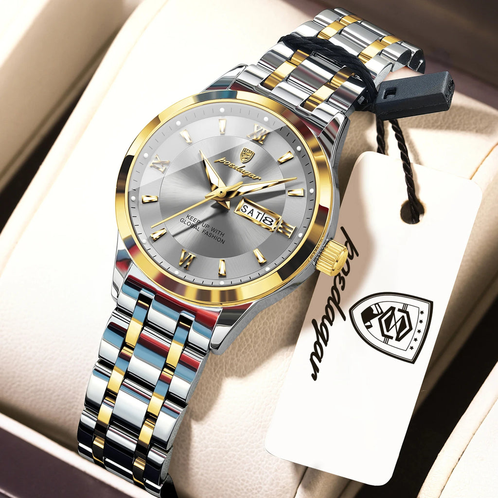 POEDAGAR Luxury Fashion Woman Watch Luminous Waterproof Stainless Steel Ladies Wristwatch Quartz Week Date Elegant Woman's Watches Male Reloj