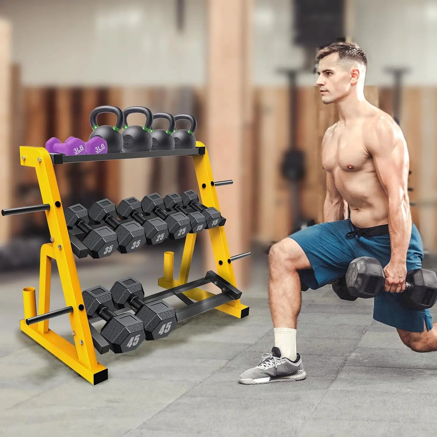 Heavy Duty Three Tier Dumbbell Rack Stand Multifunctional Weight Rack Storage Holder Display Stand Base Unit For Dumbbell Kettlebell Barbell Plate Barbell Bar Home Gym Yellow Black