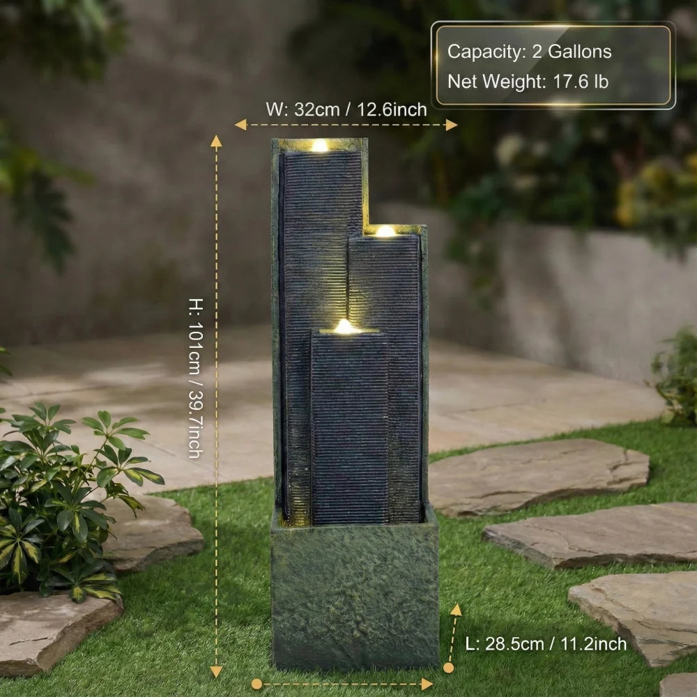 39'' H Outdoor Water Fountain Modern Cascading Freestanding Fountain with LED Lights for Garden Patio Porch Lawn Backyard Decor