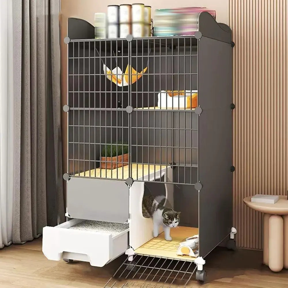 Indoor Pet Playpen with Detachable Metal Wire, 360° Wheels, Climbing Ladder, and Litter Box (29.5x15.4x49.2in)