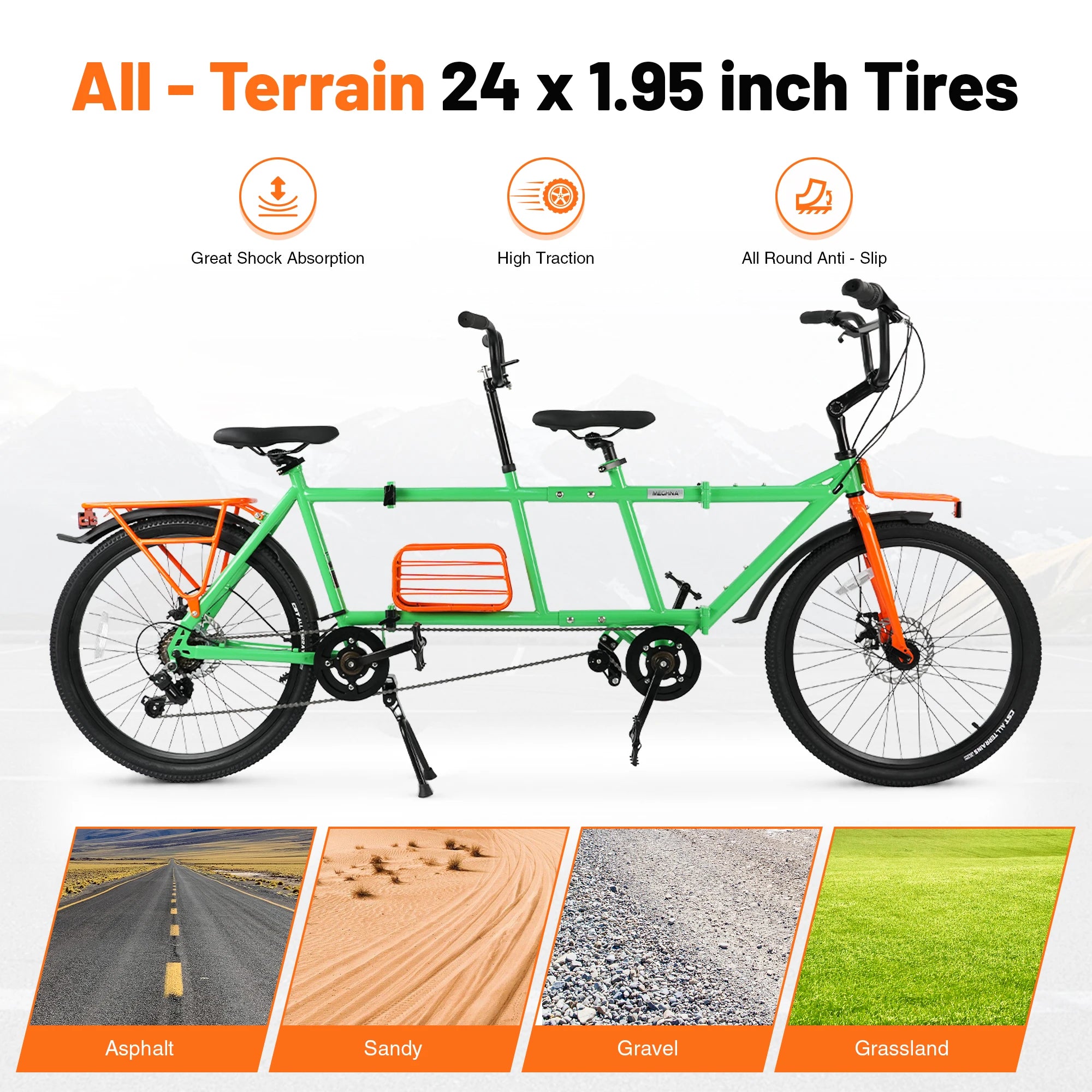 ZUKKA 24" Tandem Bike Double Rider Bicycle All Terrain Tire with Basket Rack for Couple Family Outdoor Cycling