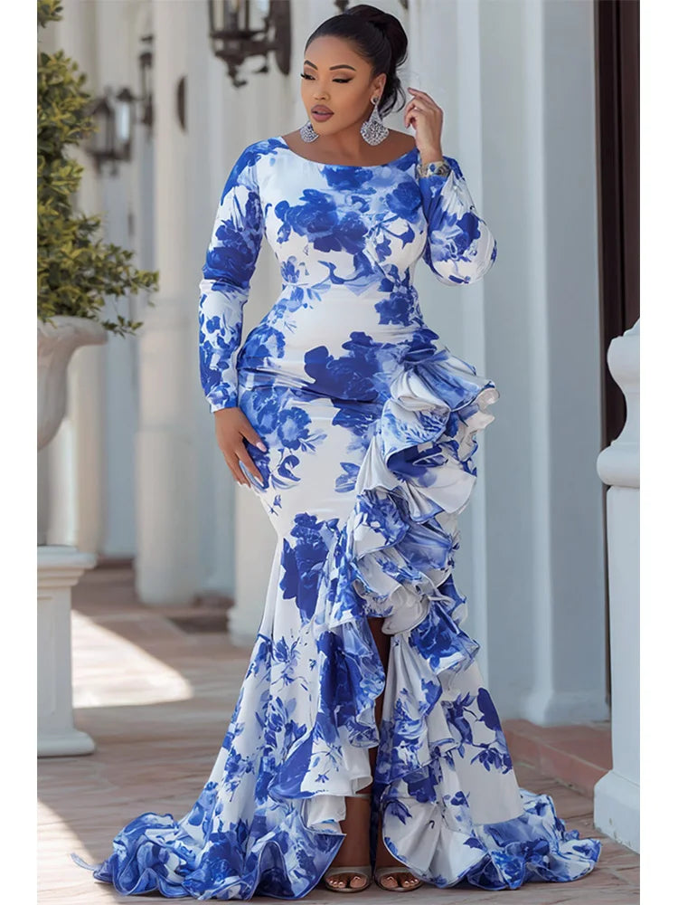 Floral Satin Plus Size Mermaid Maxi Dress Long Sleeve Ruched Side Ruffle High Slit Train Formal Gown Women Wedding Guest Dress